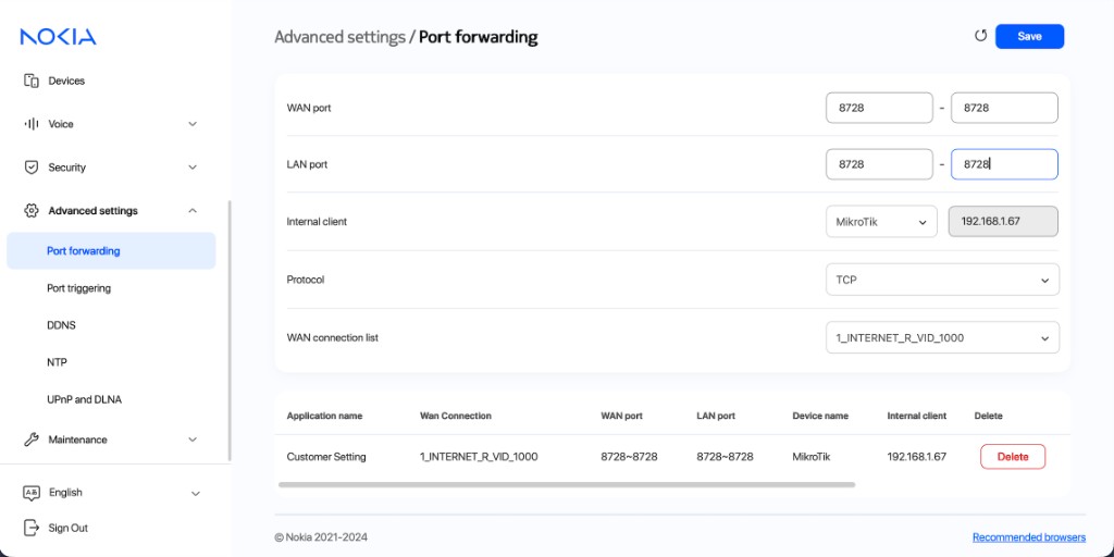 Nokia G-1425G-E : Advanced settings → Port forwarding — WAN/LAN 8728 TCP vers MikroTik 192.168.1.67